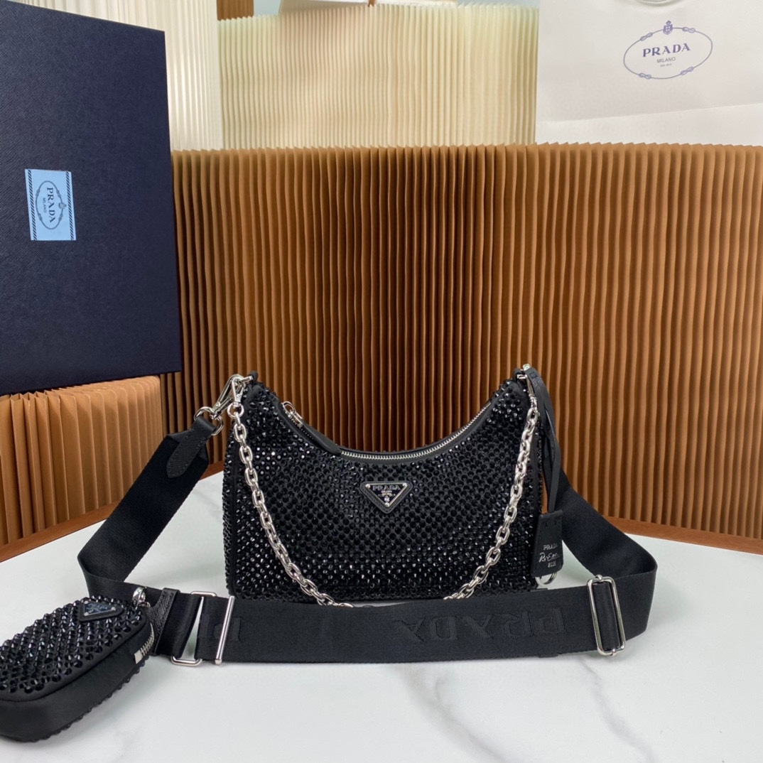 Prada Re Edition 2005 Duchess Synthetic Crystals Shoulder Bag Black 1BH204